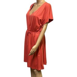 Soma Orange Coral Short Sleeve Tie Waist Stretch Comfort Pocket Midi Dress M